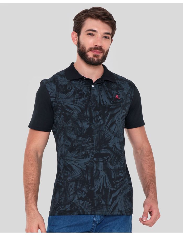 Polo-Masculino-Estampa-Folhagem-Preta