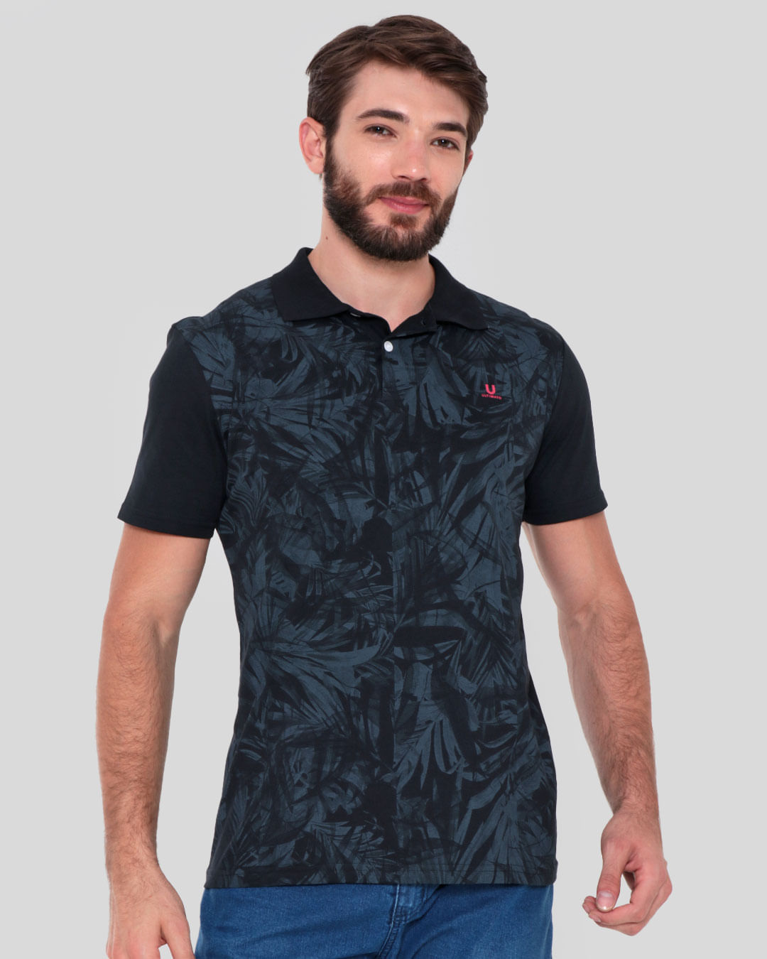 Polo-Masculino-Estampa-Folhagem-Preta