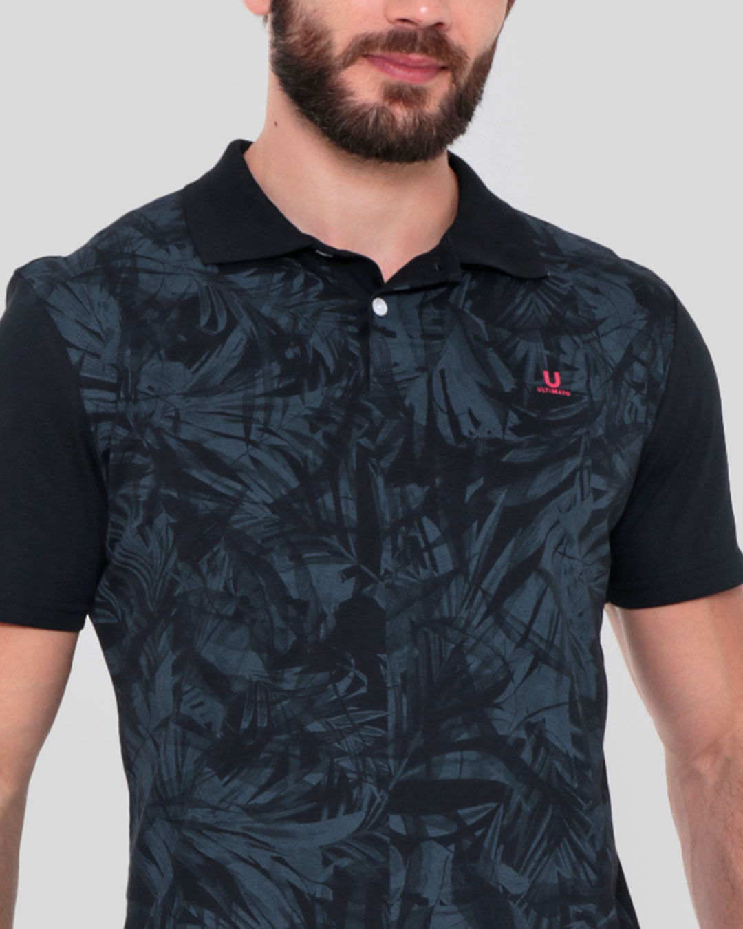 Polo-Masculino-Estampa-Folhagem-Preta