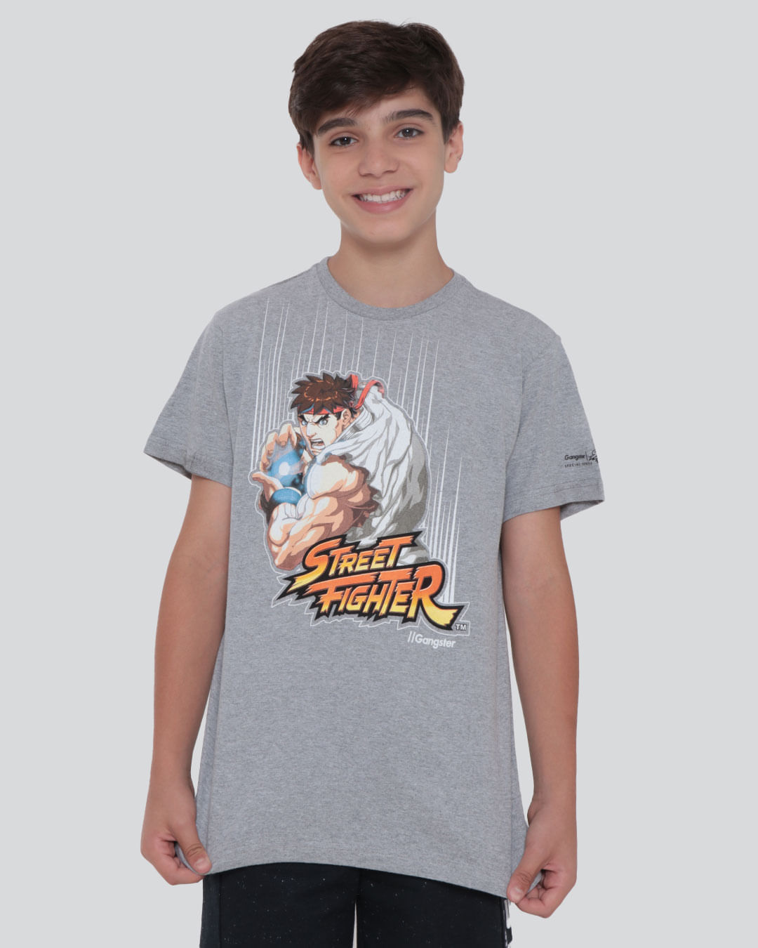 Camiseta-Juvenil-Gangster-Ryu-Street-Fighter-Mescla-Cinza