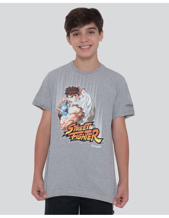 Camiseta-Juvenil-Gangster-Ryu-Street-Fighter-Mescla-Cinza