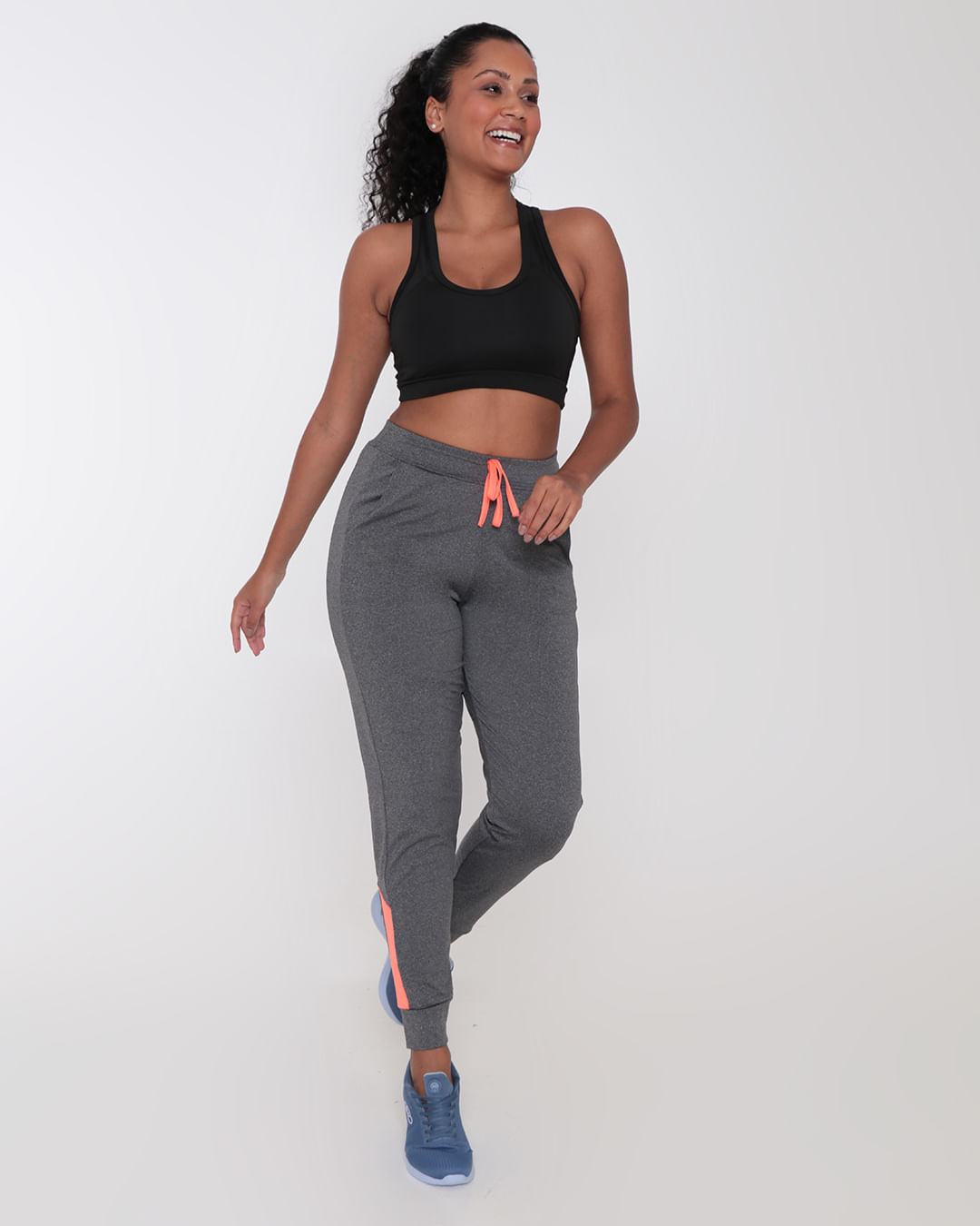 Calca-Feminina-Fitness-Fitter-Jogger-Recorte-Neon-Mescla-Cinza