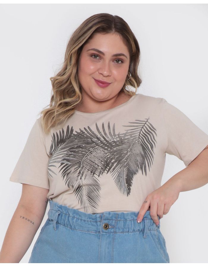 Blusa-Feminina-Plus-Size-Mullet-Strass-Folhagem-Bege