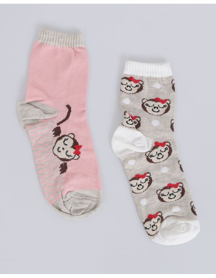 Kit-Meia-2-Pares-Infantil-Estampa-Macaquinha-Cano-Alto-Bege-Rosa