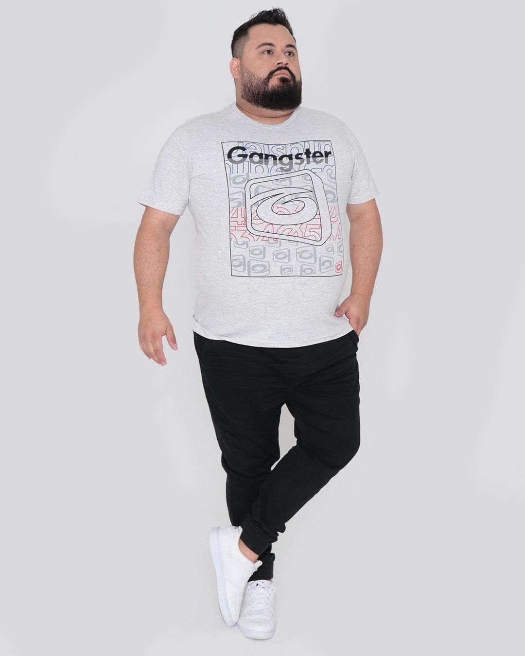 Camiseta-Masculina-Plus-Size-Manga-Curta-Gangster-Mescla-Claro