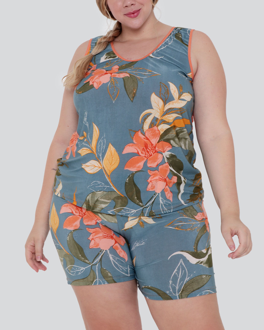 Pijama-Feminino-Plus-Size-Short-Doll-Liganete-Floral-Laranja