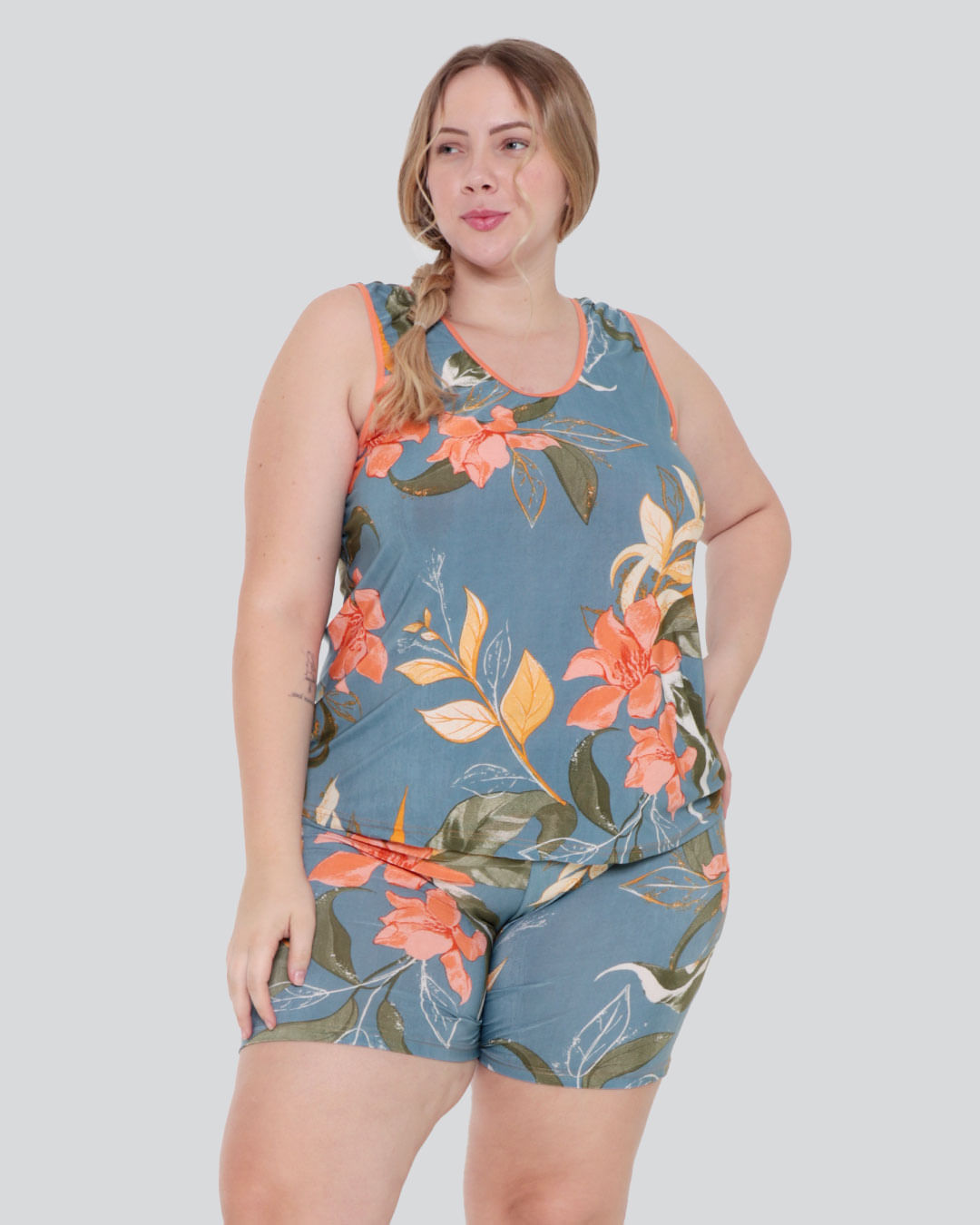 Pijama-Feminino-Plus-Size-Short-Doll-Liganete-Floral-Laranja