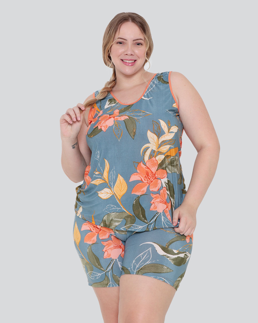 Pijama-Feminino-Plus-Size-Short-Doll-Liganete-Floral-Laranja