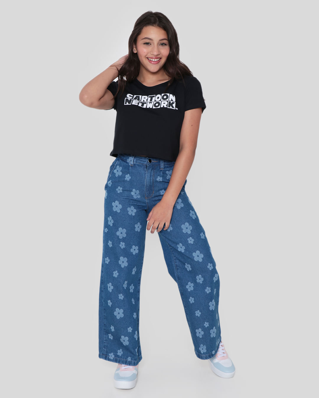 Calca-Jeans-Juvenil-Wide-Leg-Floral-Azul-Medio