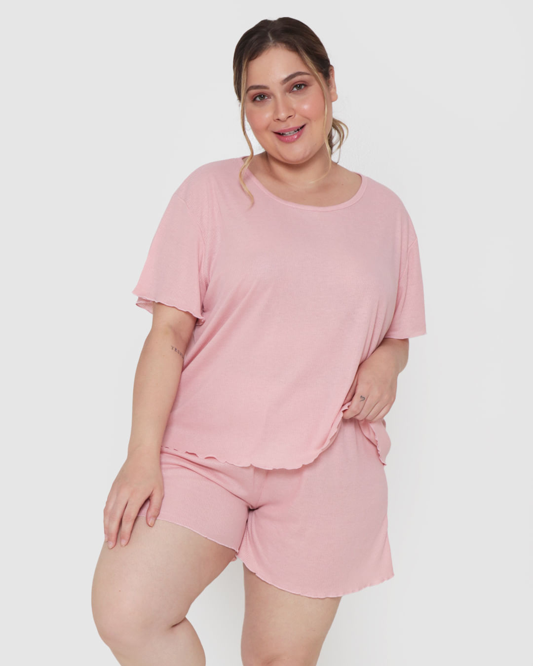 Pijama-Feminino-Plus-Size-Curto-Canelado-Rosa-Claro