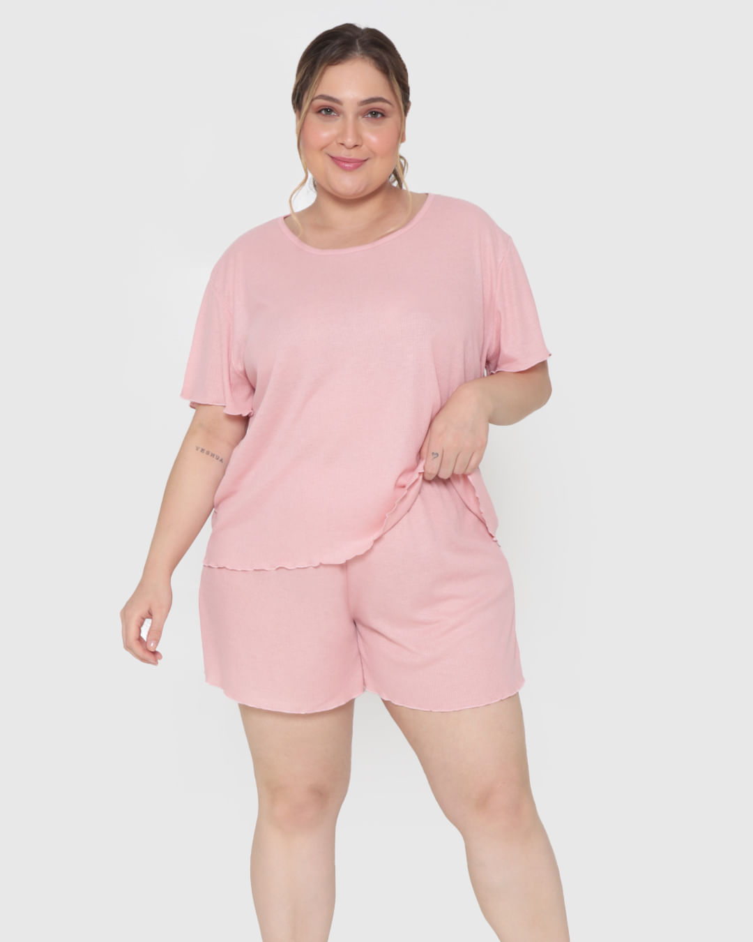 Pijama-Feminino-Plus-Size-Curto-Canelado-Rosa-Claro