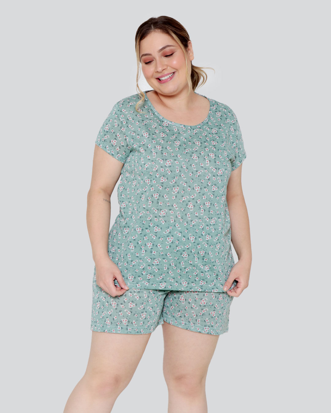 Pijama-Feminino-Plus-Size-Floral-Verde