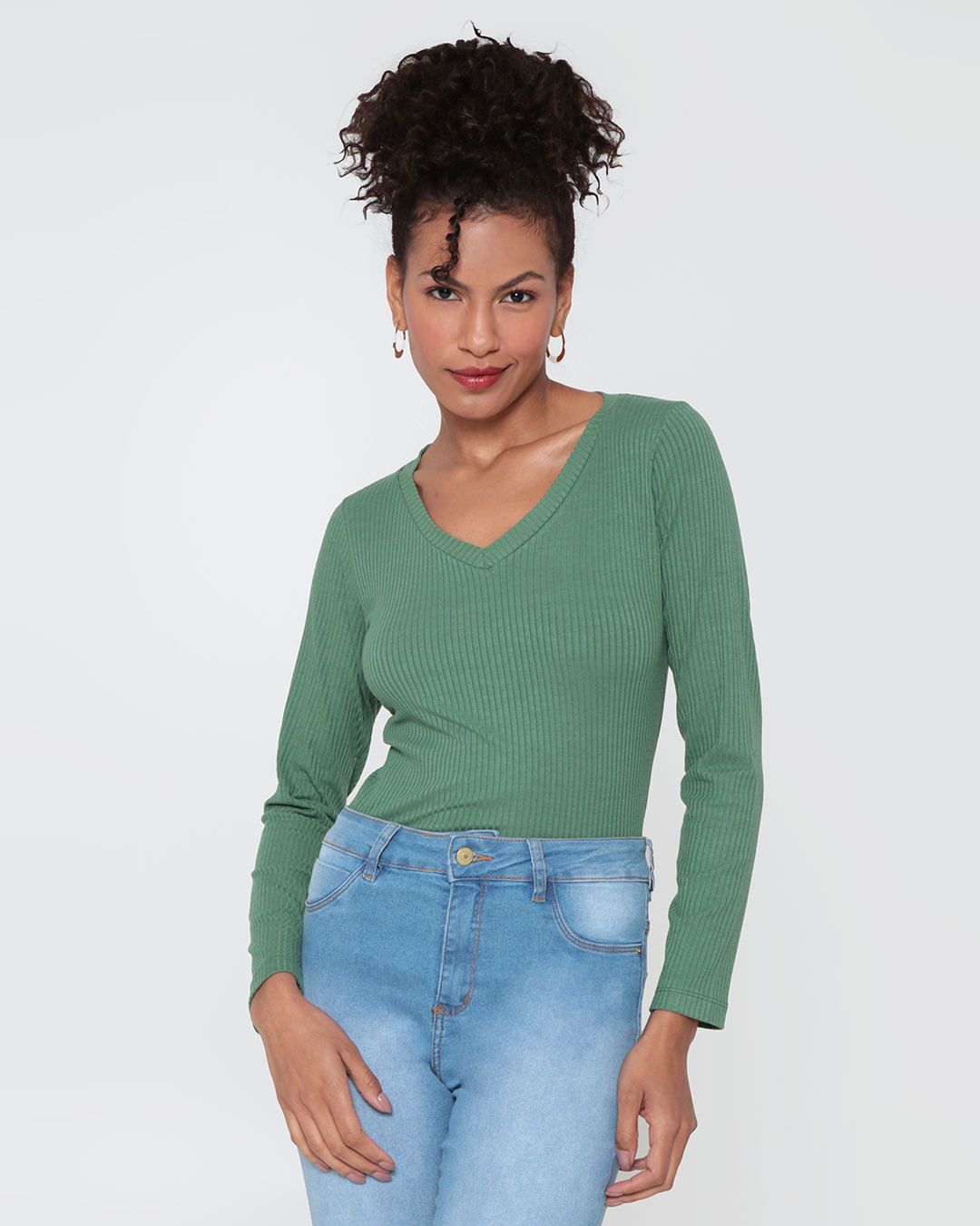 Blusa-Feminina-Manga-Longa-Canelada-Verde