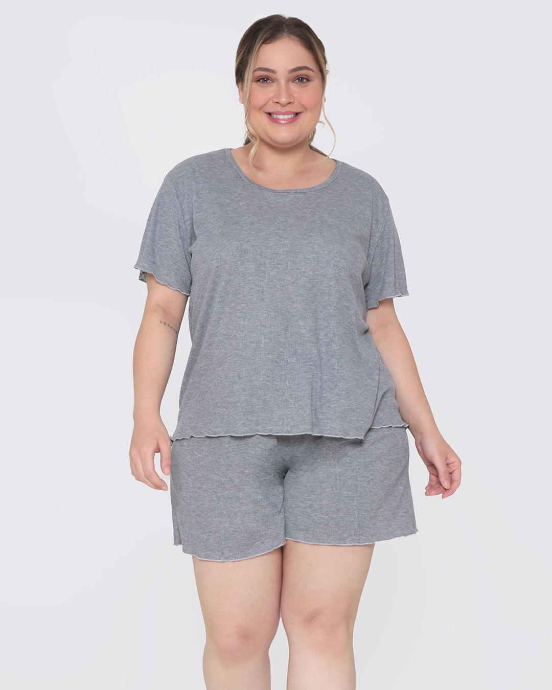 Pijama-Feminino-Plus-Size-Curto-Canelado-Cinza