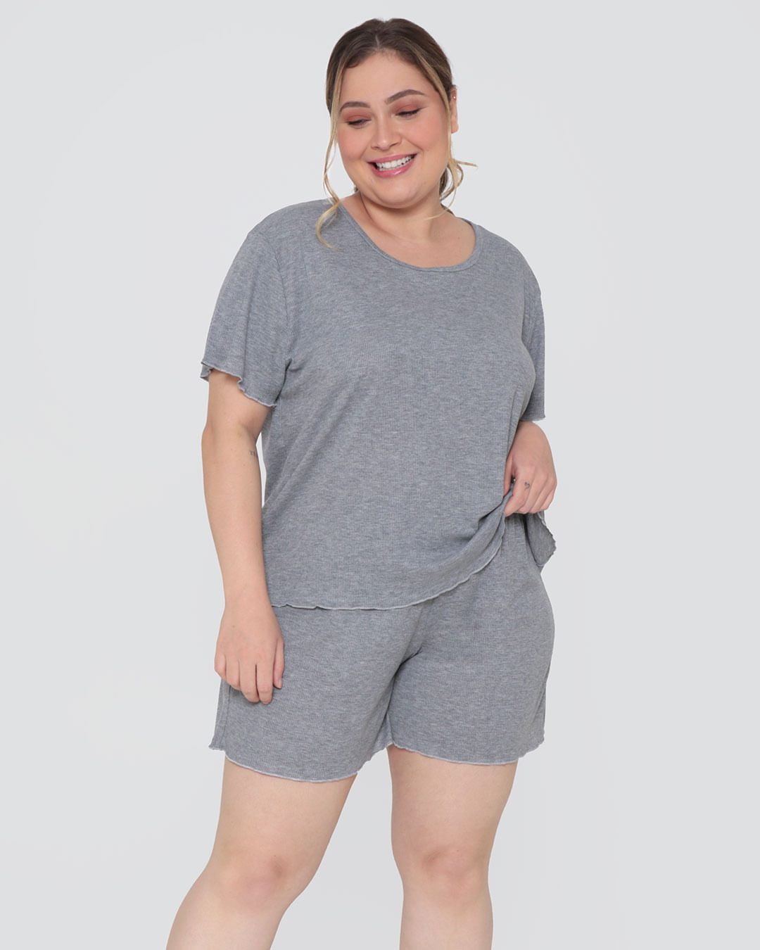 Pijama-Feminino-Plus-Size-Curto-Canelado-Cinza