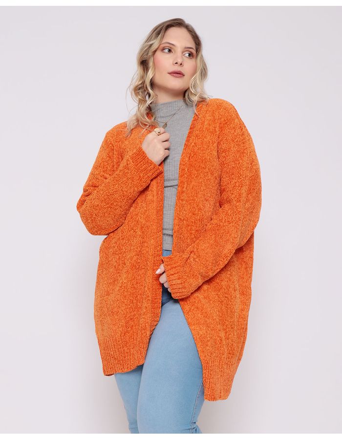 Cardiga-Feminino-Plus-Size-Chenille-Laranja