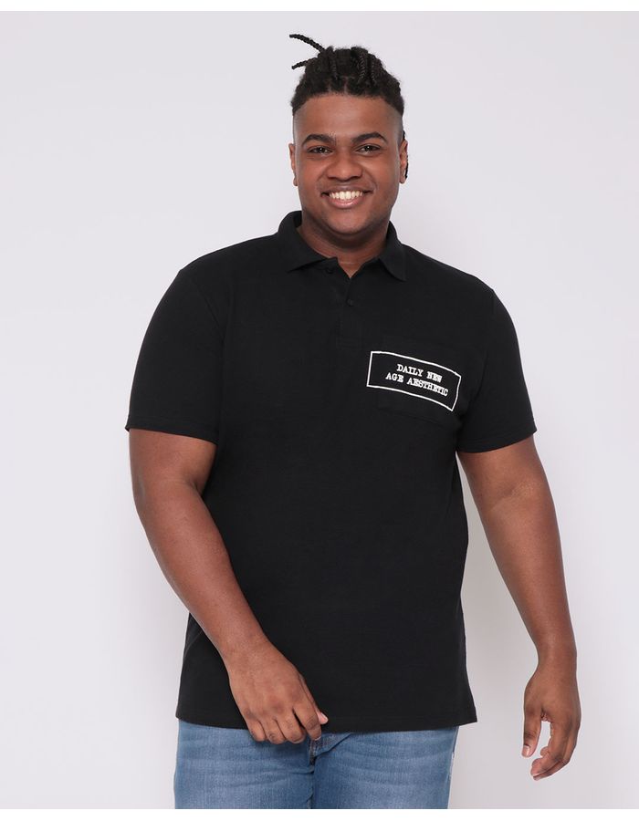 Polo-Plus-Size-Masculino-Com-Bolso-Estampado-Preto