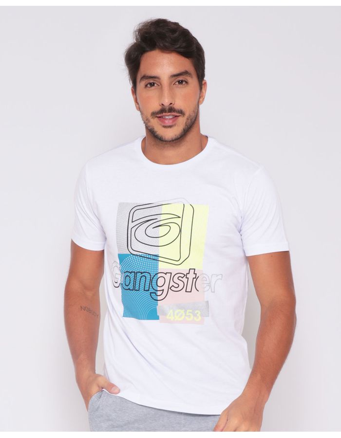 Camiseta-Masculina-Estampada-Gangster-Mescla-Branca