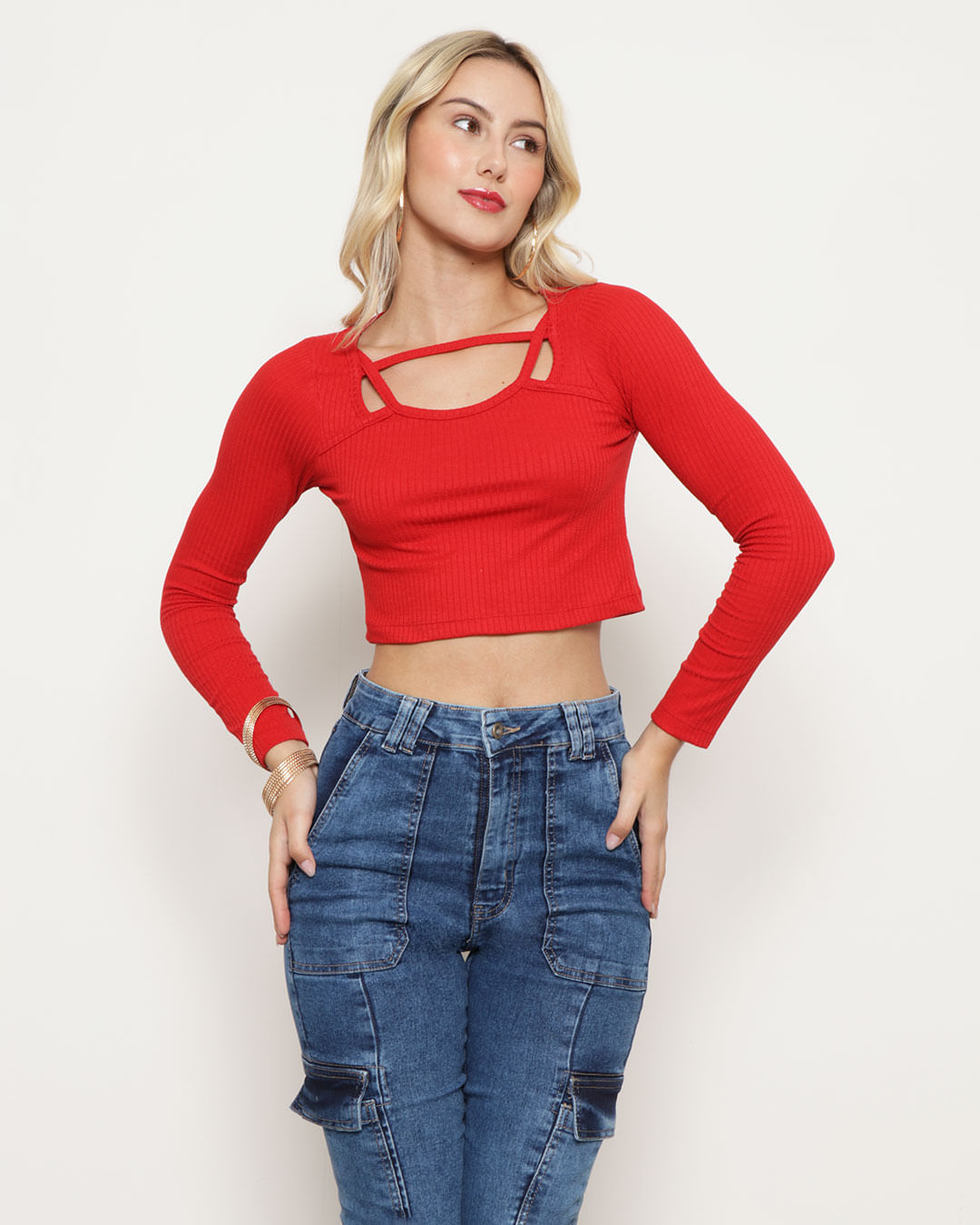 Blusa-Cropped-Feminina-Decote-Vazado-Canelada-Vermelha