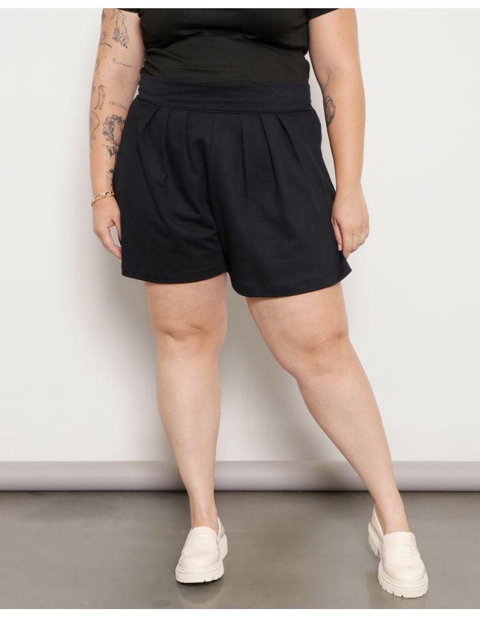 Short-Moletinho-Feminino-Plus-Size-Plissado-Preto