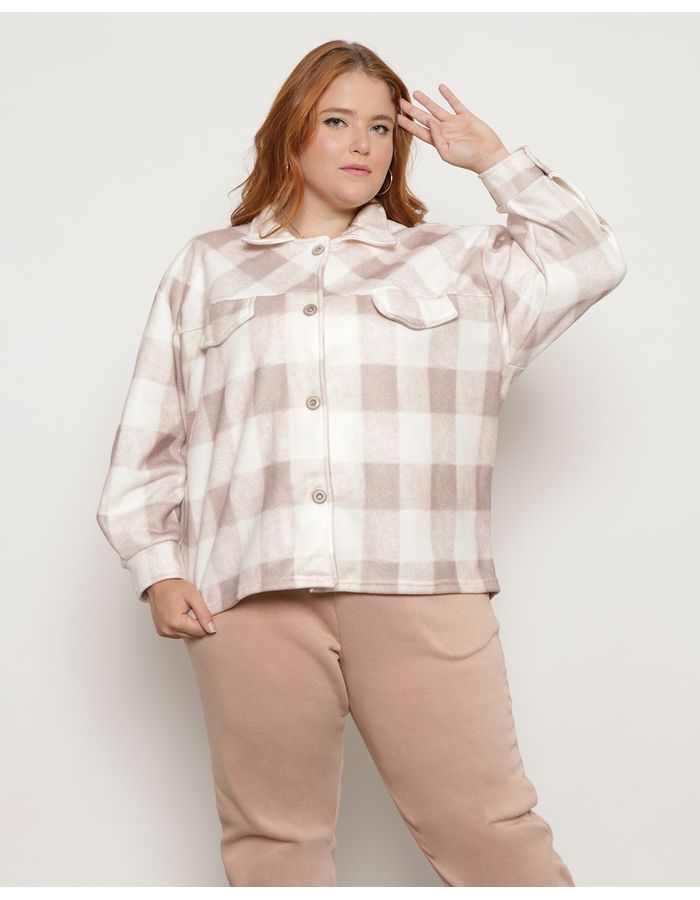 Casaco-Feminino-Plus-Size-Xadrez-Com-Botoes-Bege