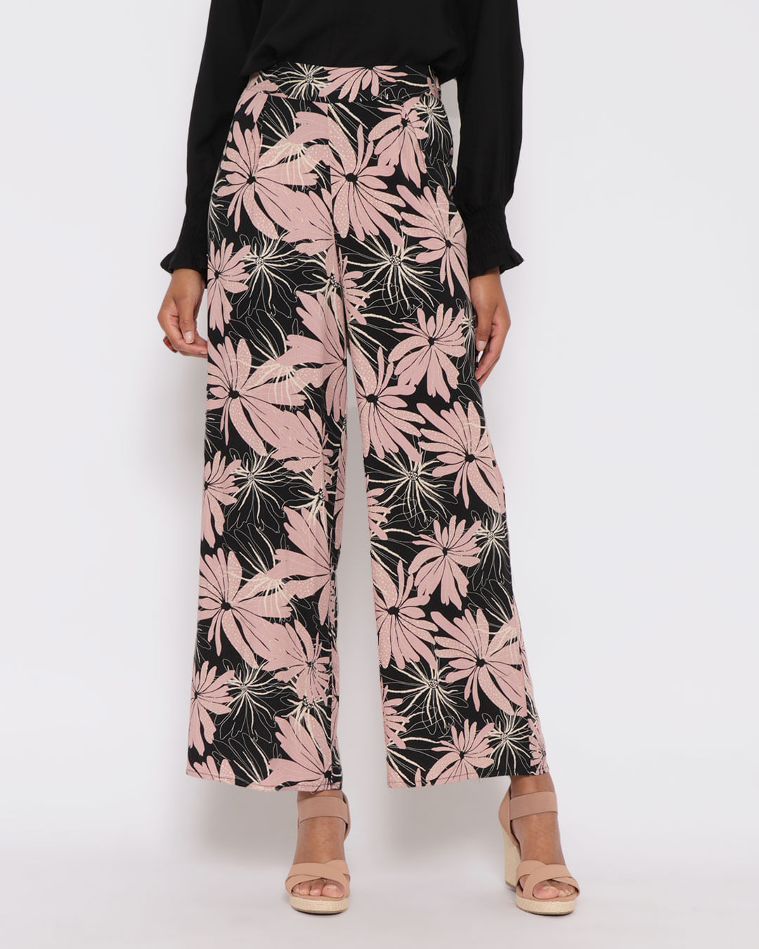 Calca-Feminina-Pantalona-Viscose-Floral-Preta