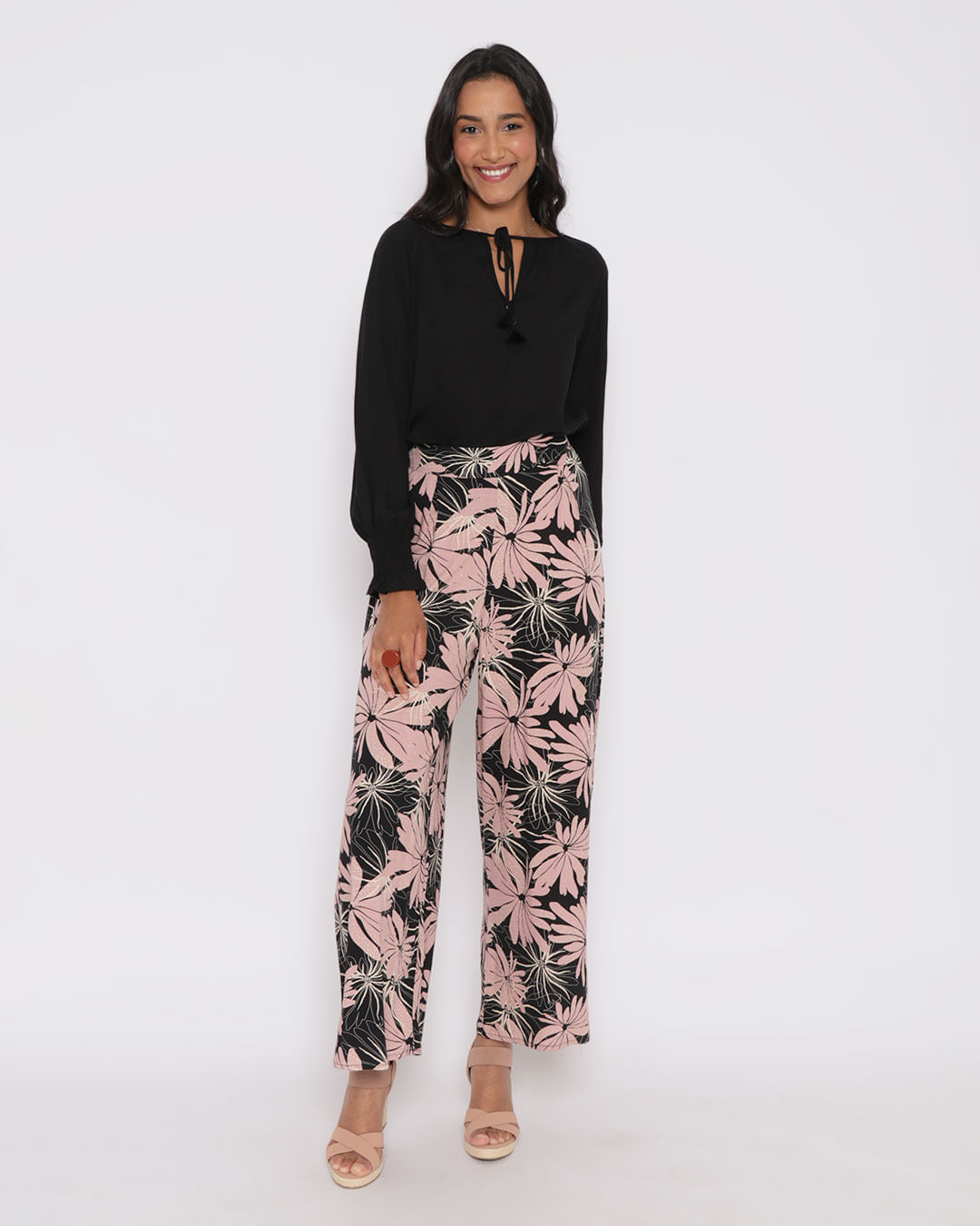 Calca-Feminina-Pantalona-Viscose-Floral-Preta