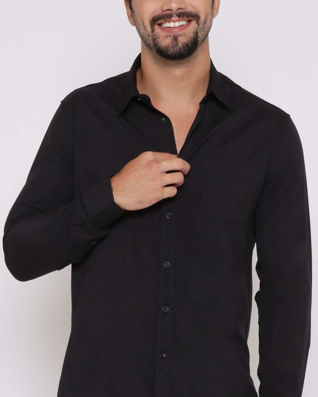 Camisa-Social-Masculina-Bolso-Manga-Longa-Preta