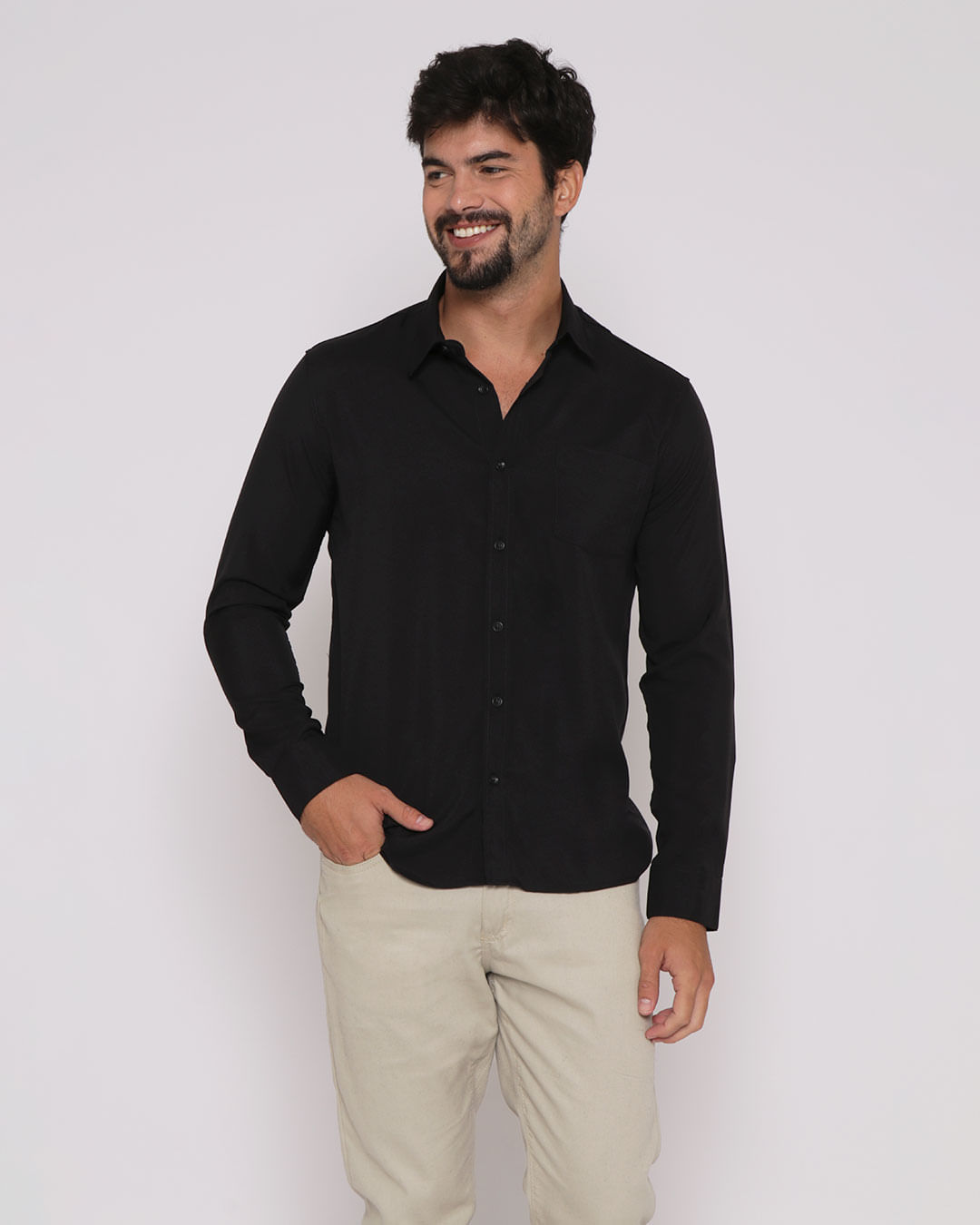 Camisa-Social-Masculina-Bolso-Manga-Longa-Preta