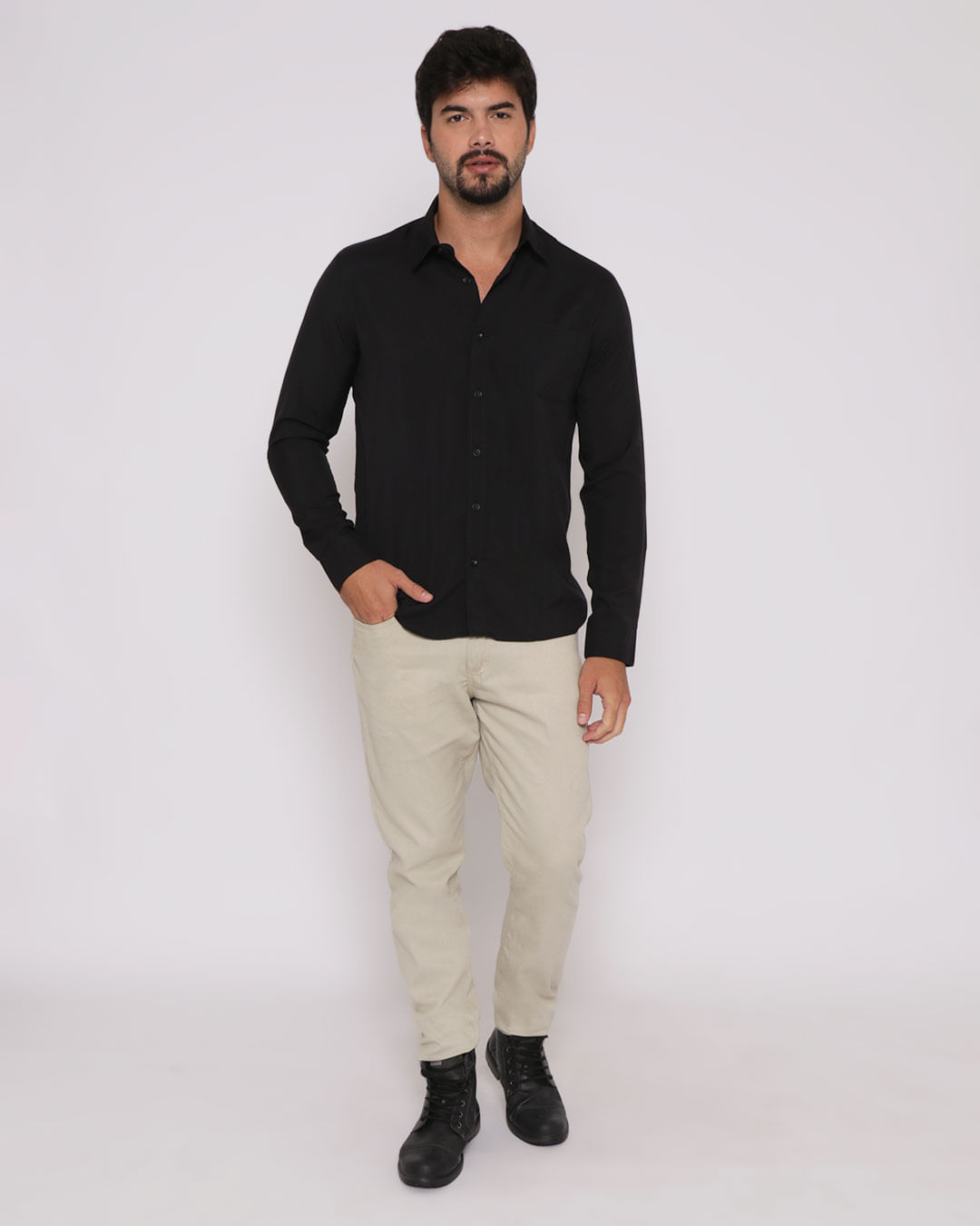 Camisa-Social-Masculina-Bolso-Manga-Longa-Preta