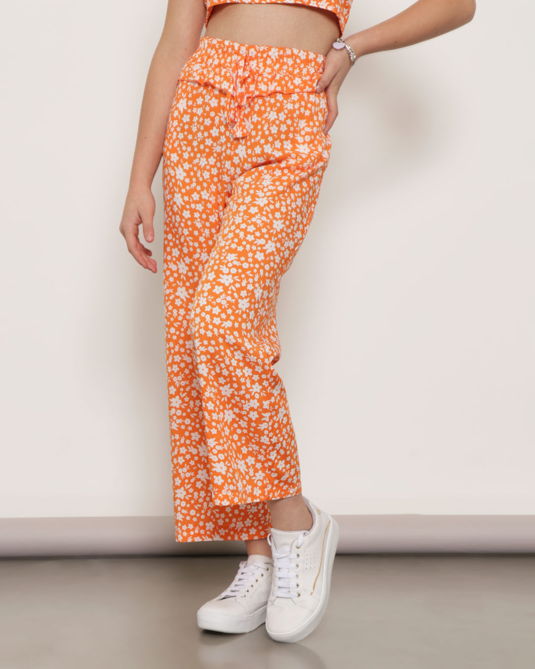 Calca-Juvenil-Pantalona-Viscose-Floral-Laranja