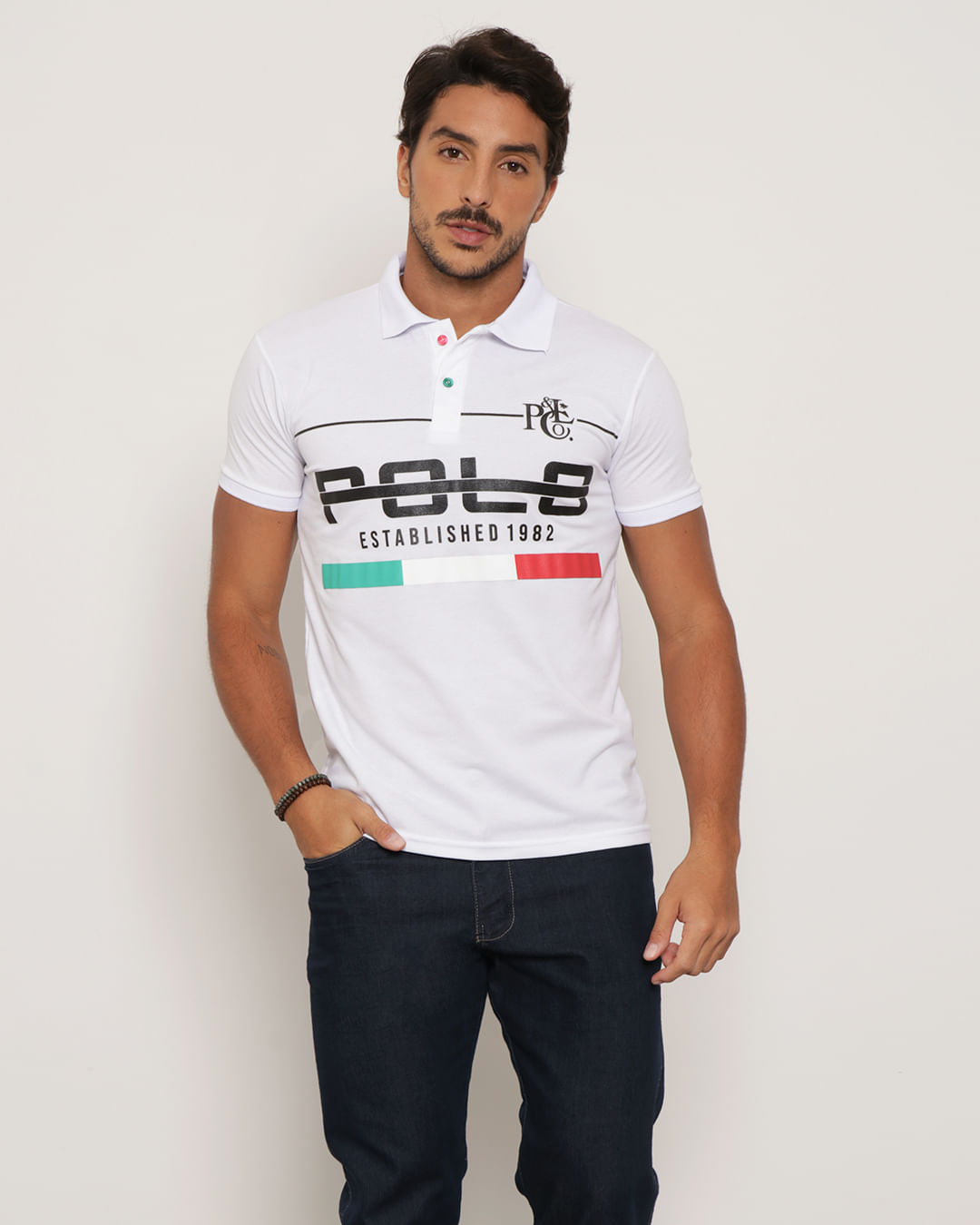 Polo-Masculina-Estampada-Branca