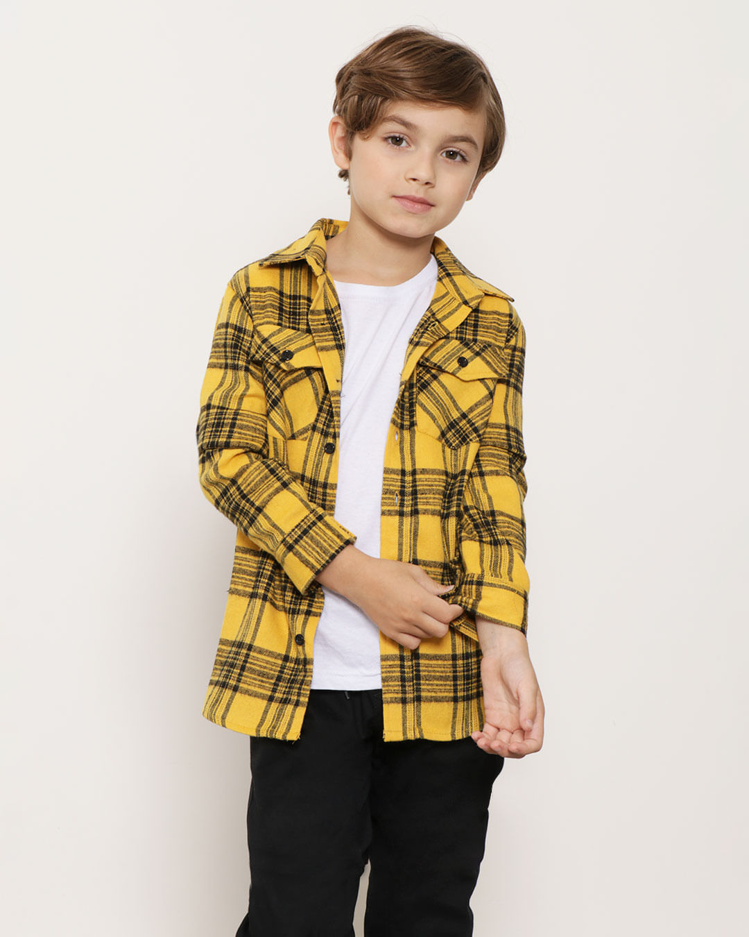 Camisa-Infantil-Xadrez-Manga-Longa-Flanelada-Amarela