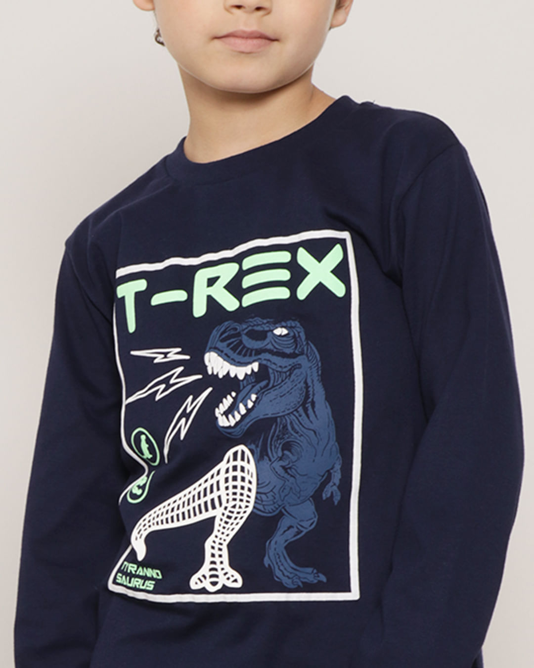 Camiseta-Infantil-Manga-Longa-T-Rex-Marinho