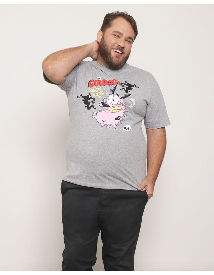 Camiseta-Plus-Size-Masculina-Manga-Curta-Coragem-o-Cao-Covarde-Cinza