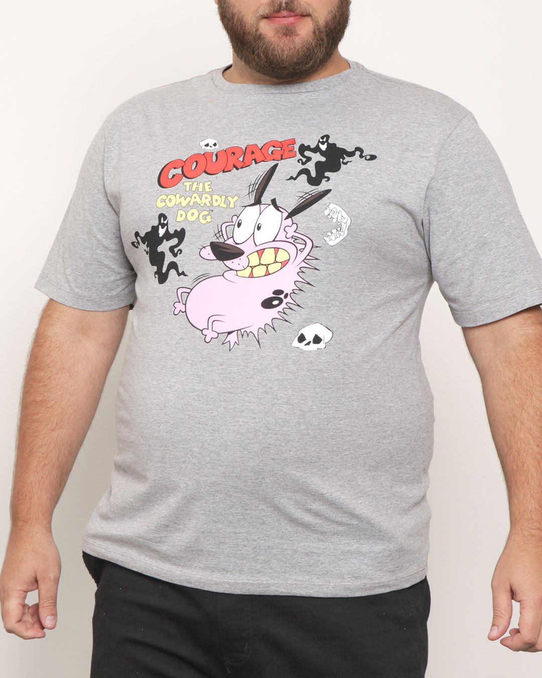 Camiseta-Plus-Size-Masculina-Manga-Curta-Coragem-o-Cao-Covarde-Cinza