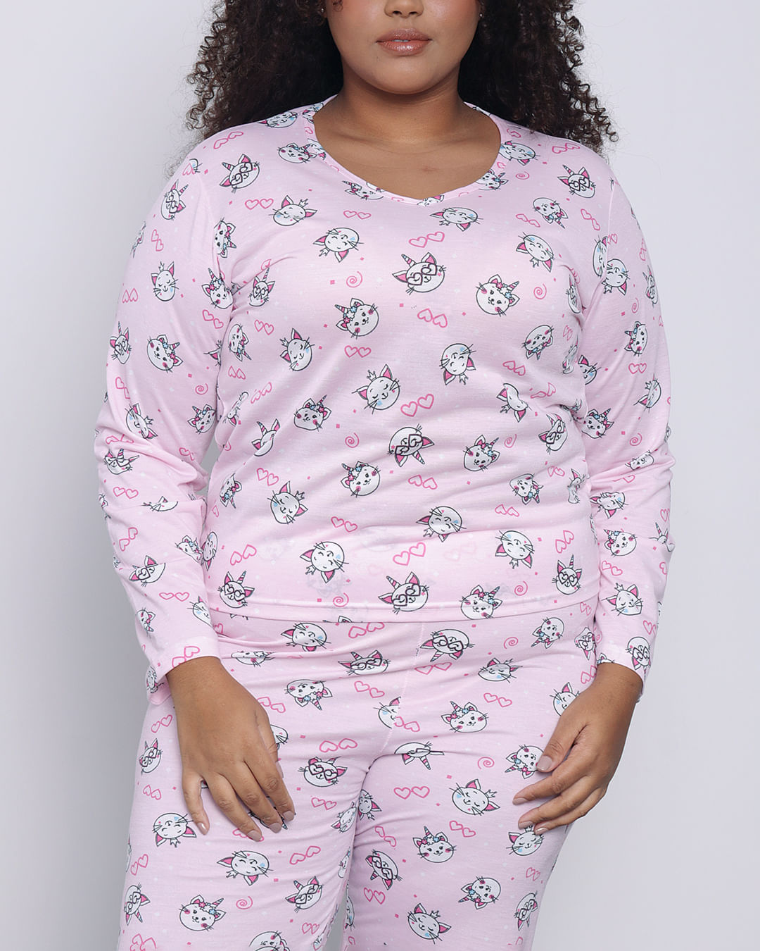 Pijama-Plus-Size-Feminino-Longo-Estampa-Gatinha-Rosa