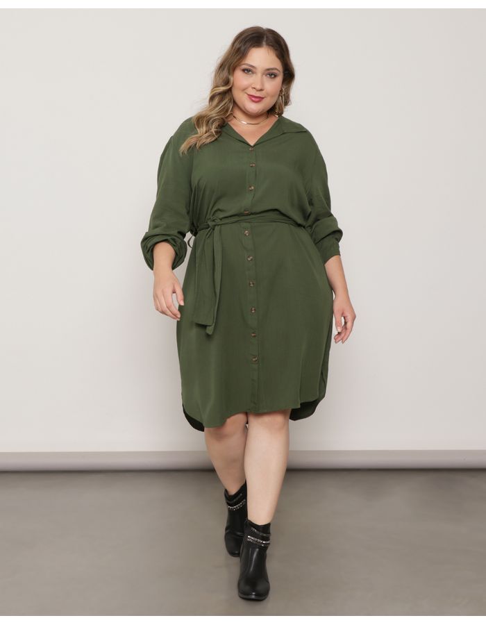 Chemise-Feminino-Plus-Size-Manga-Longa-Verde-Escuro