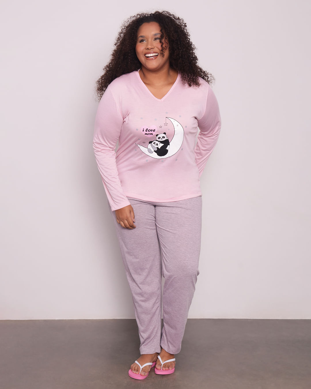 Pijama-Feminino-Plus-Size-Manga-Longa-Panda-Rosa