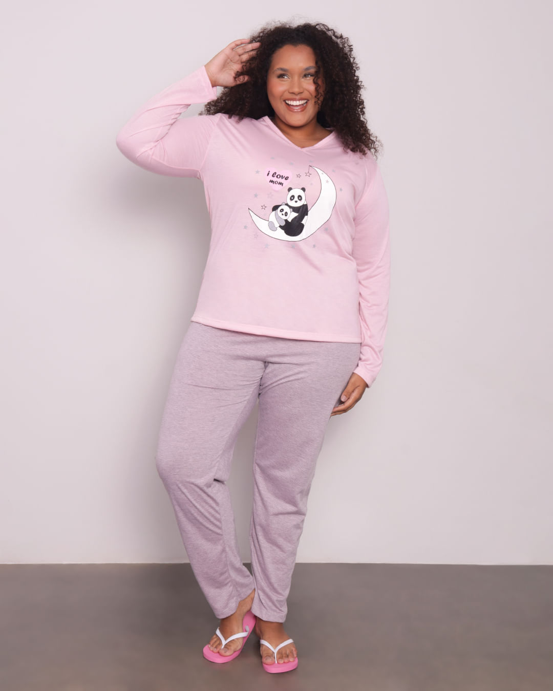 Pijama-Feminino-Plus-Size-Manga-Longa-Panda-Rosa