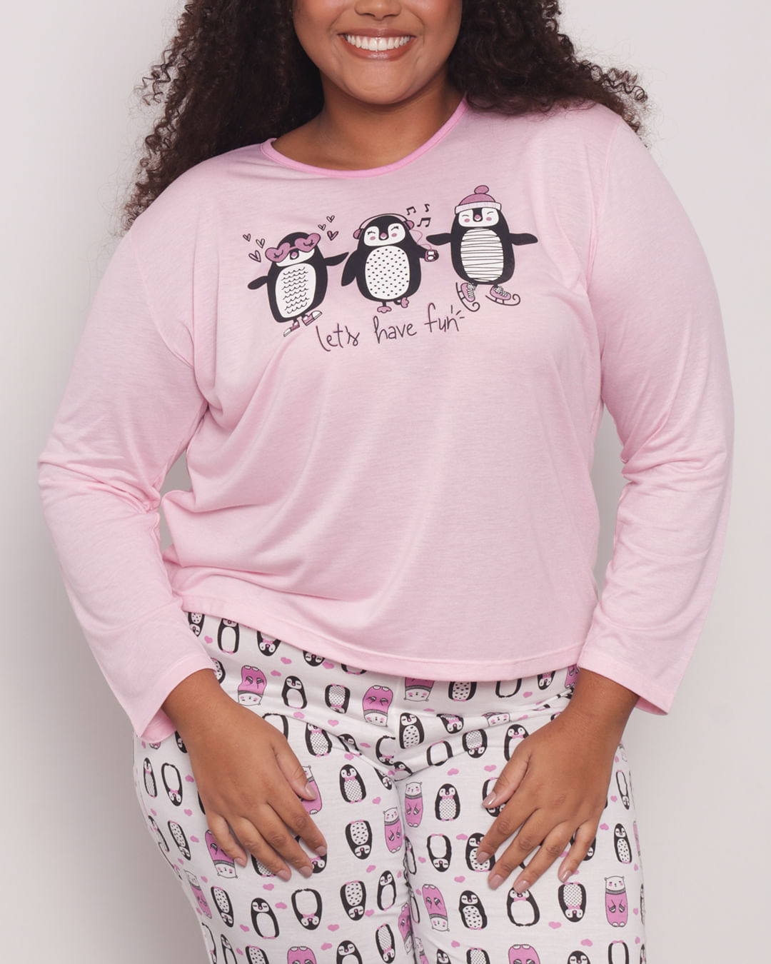 Pijama-Feminino-Plus-Size-Manga-Longa-Estampa-Pinguim-Rosa