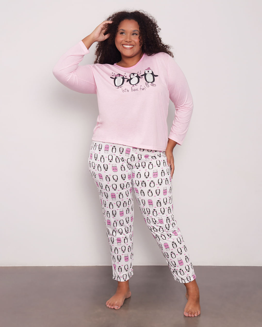 Pijama-Feminino-Plus-Size-Manga-Longa-Estampa-Pinguim-Rosa