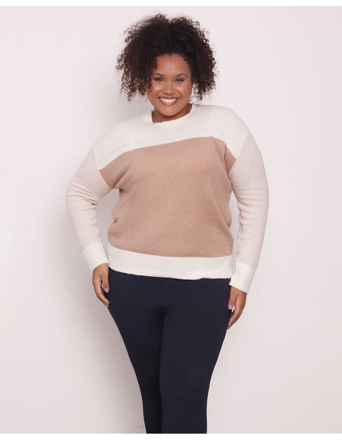 Sueter-Feminino-Plus-Size-Trico-Estampa-Bloco-Unique-Bege