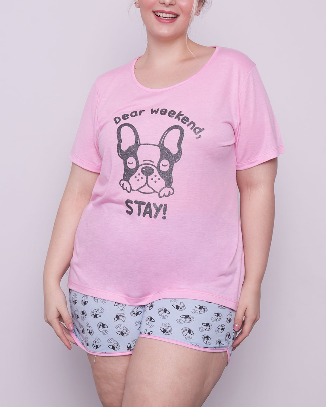 Pijama-Plus-Size-Feminino-Curto-Estampa-Cachorrinho-Rosa