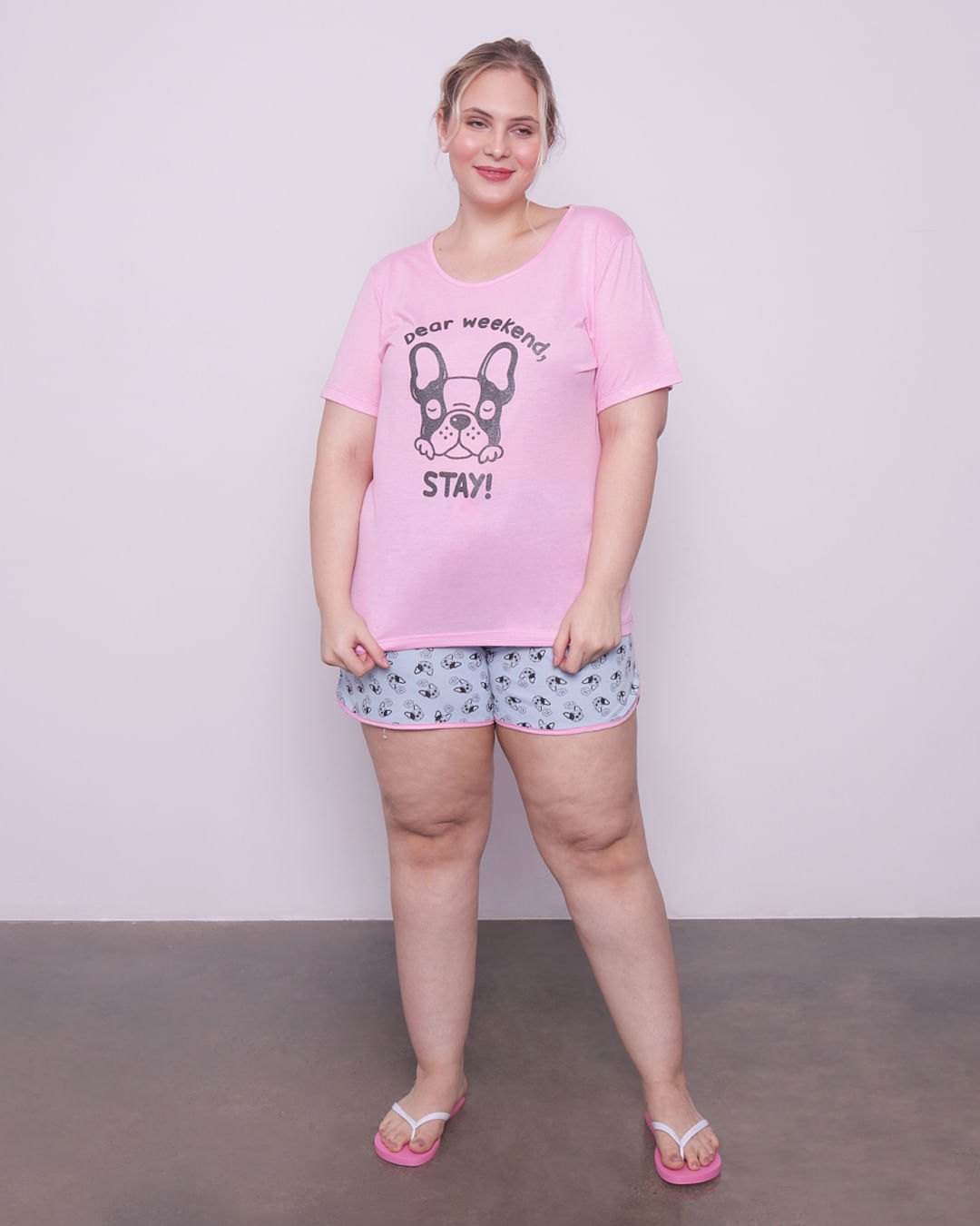 Pijama-Plus-Size-Feminino-Curto-Estampa-Cachorrinho-Rosa