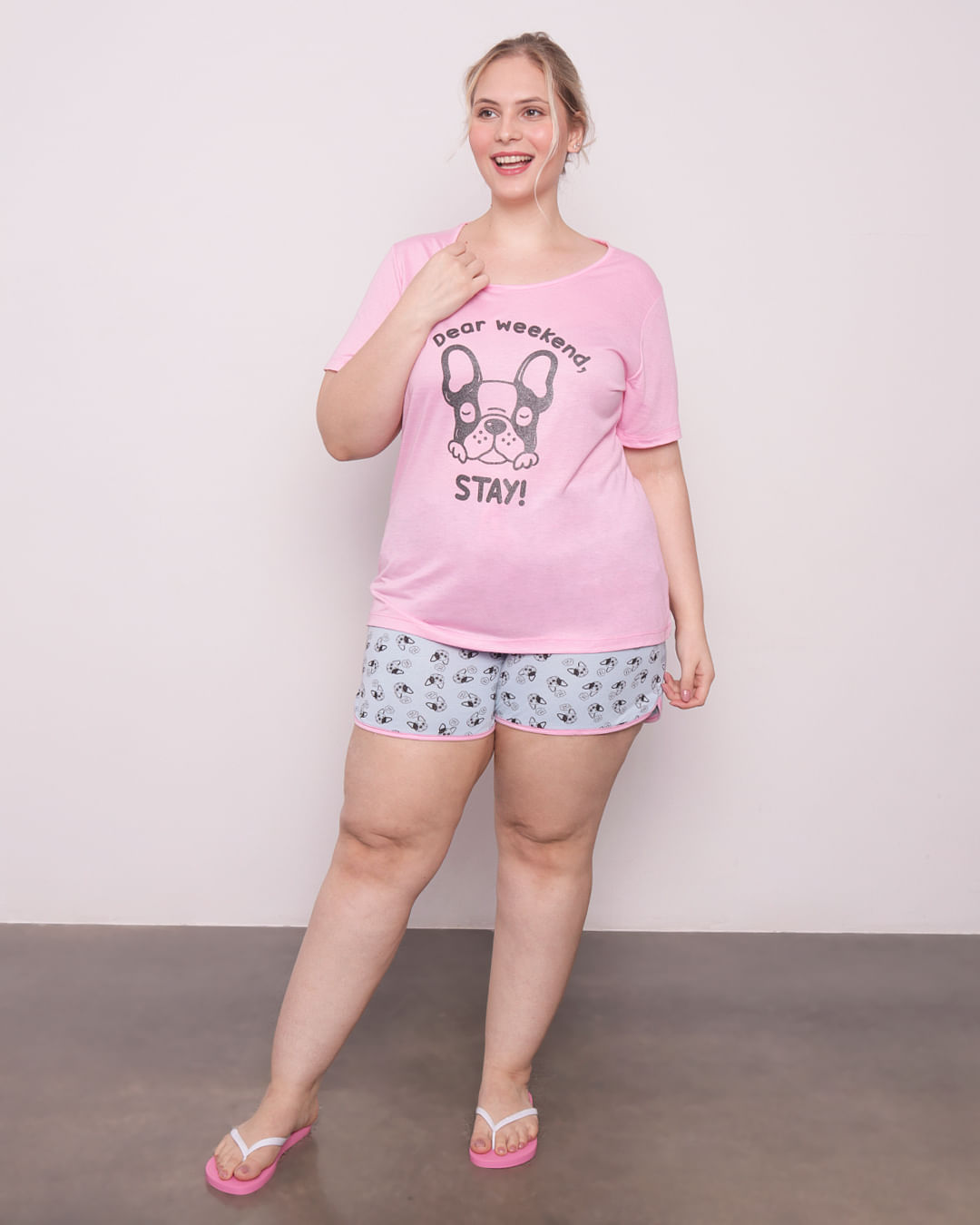 Pijama-Plus-Size-Feminino-Curto-Estampa-Cachorrinho-Rosa