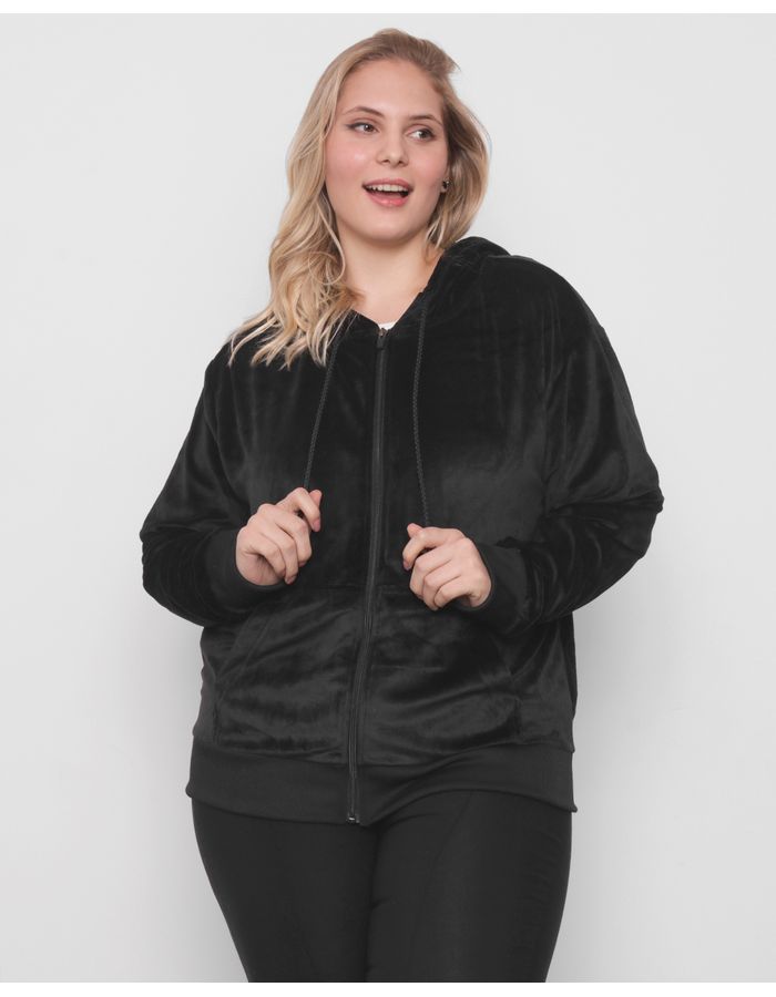 Casaco-Plus-Size-feminino-Com-Capuz-Plush-Preto