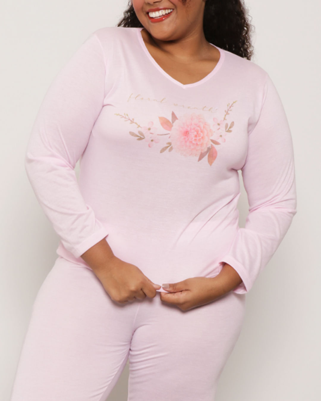 Pijama-Feminino-Plus-Size-Longo-Estampa-Floral-Rosa