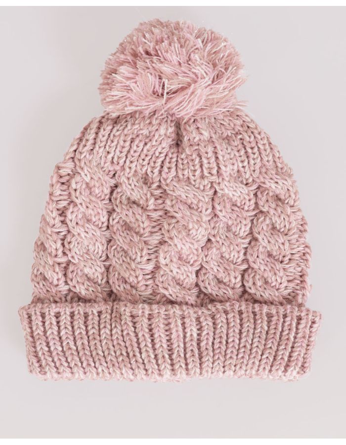 Gorro-Feminino-De-Trico-Trancado-Mesclado-com-Pompom-Rosa-Claro-