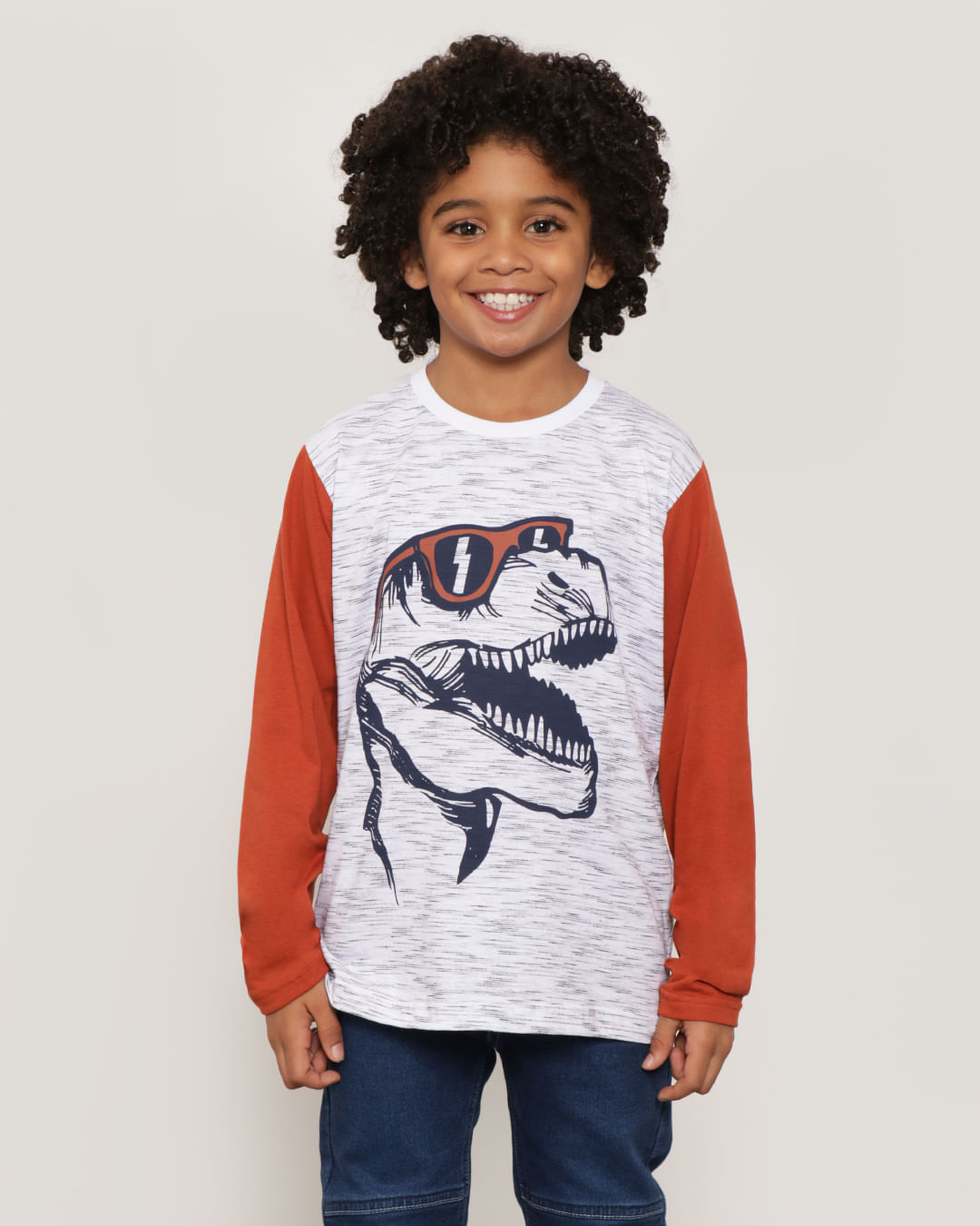 Camiseta-Infantil--Estampa-Dinossauro-Manga-Longa-Branca